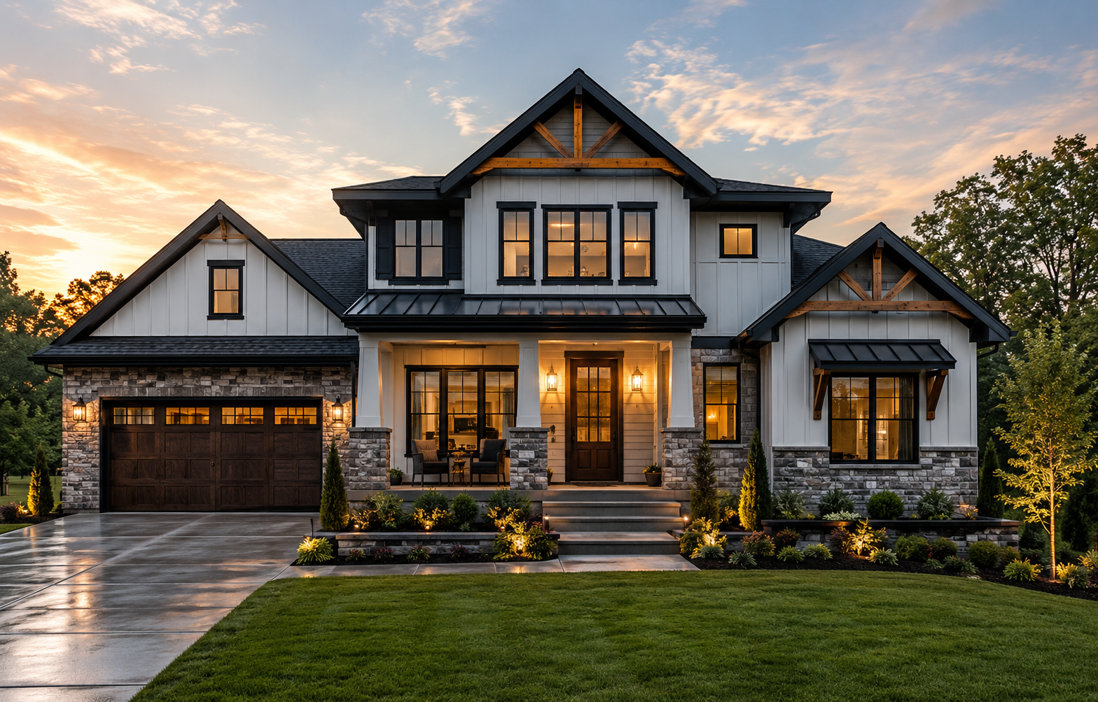 Crafted residential exterior at sunset