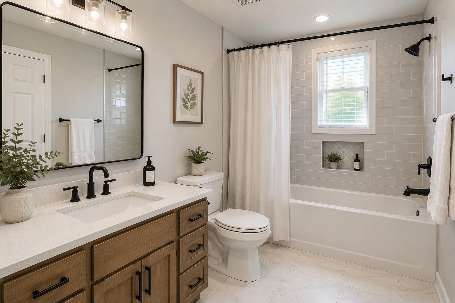 Freshly renovated bathroom with a tiled shower and warm wood vanity