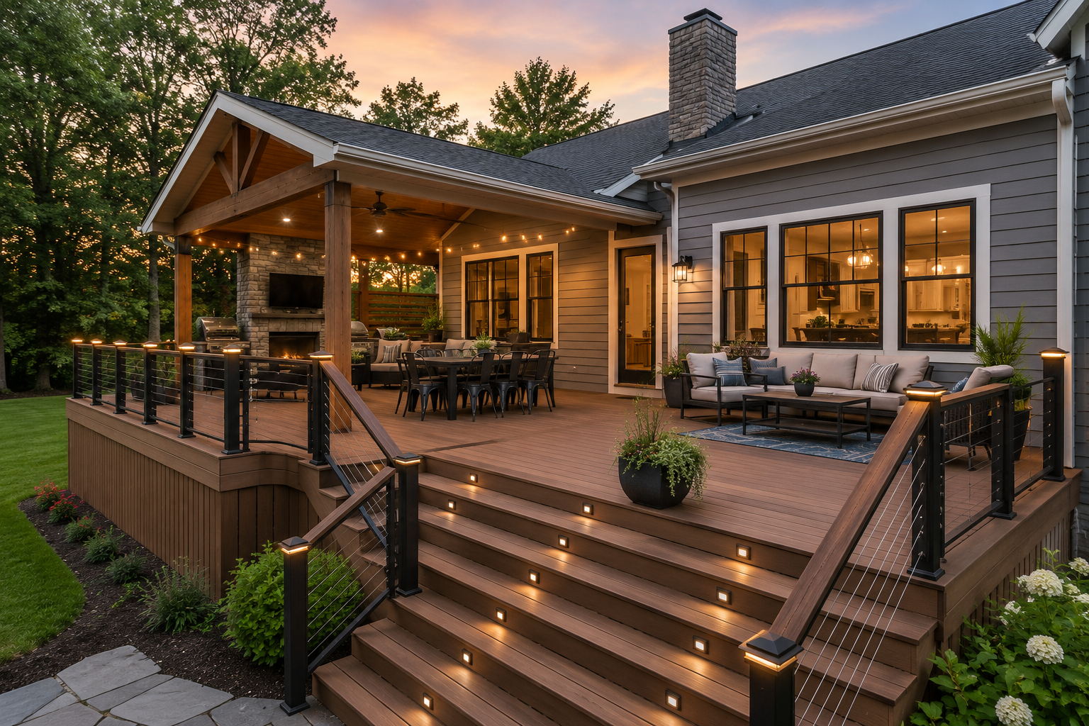 Finished wood deck with a covered outdoor living area and mountain view